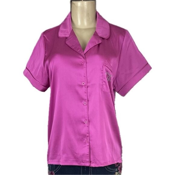 Juicy Couture L Pink Satin Logo Studded Button Short Sleeve & Shorts Pajama Set - Picture 2 of 7